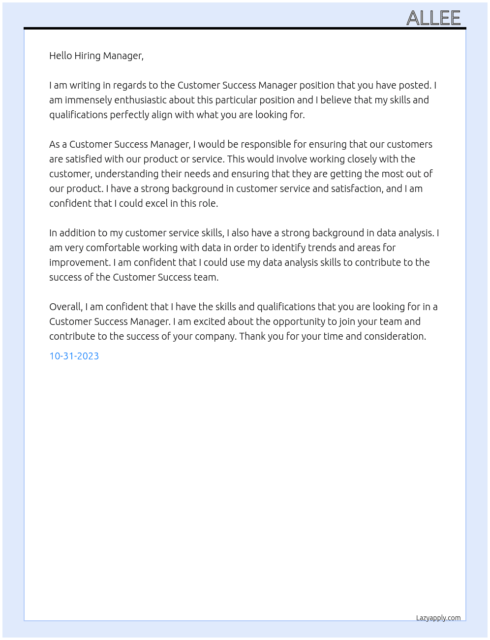 Customer success manager  At Undecided  Cover Letter