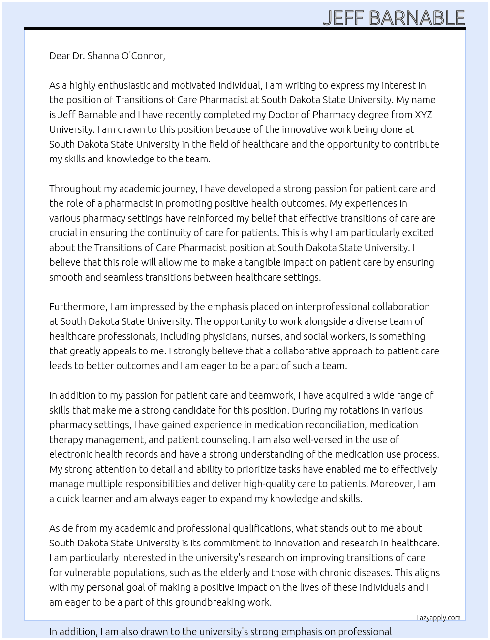 Transitions of care pharmacist At South Dakota State University Cover Letter