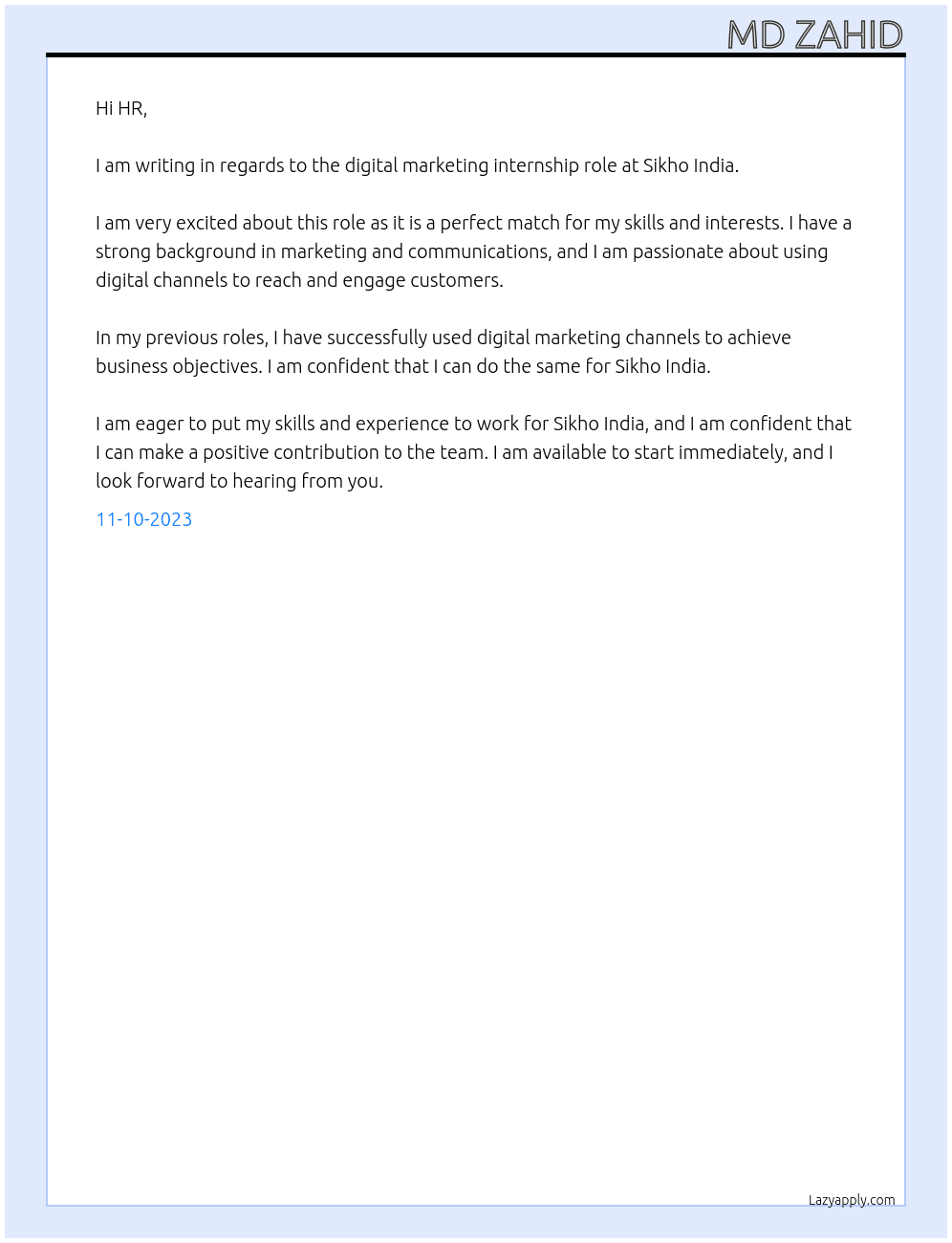 digital marketing  At Sikho India Cover Letter