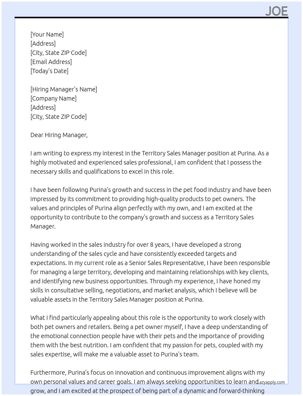 Territory Sales Manager  At Purina Cover Letter