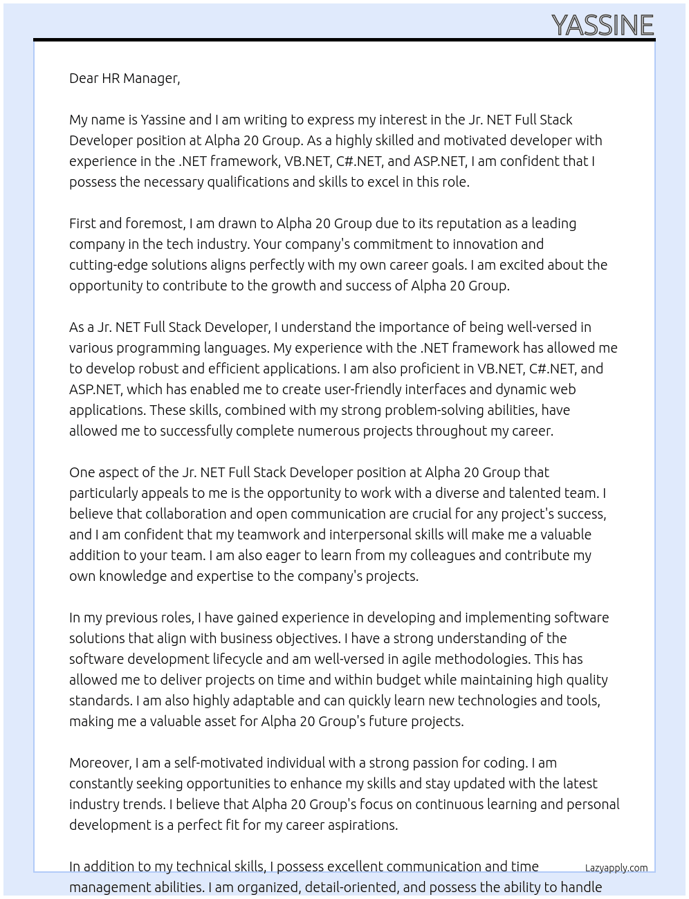 Jr .NET Full Stack Developer At Alpha 20 Group Cover Letter