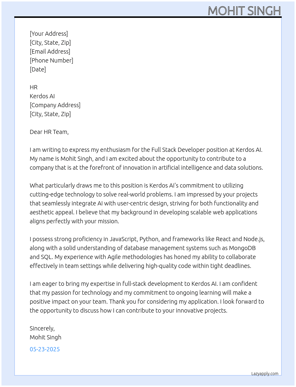 Cover letter for full stack dev - LazyApply