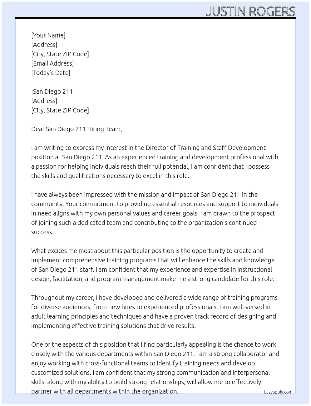 Director of Training and Staff Development At San Diego 211 Cover Letter