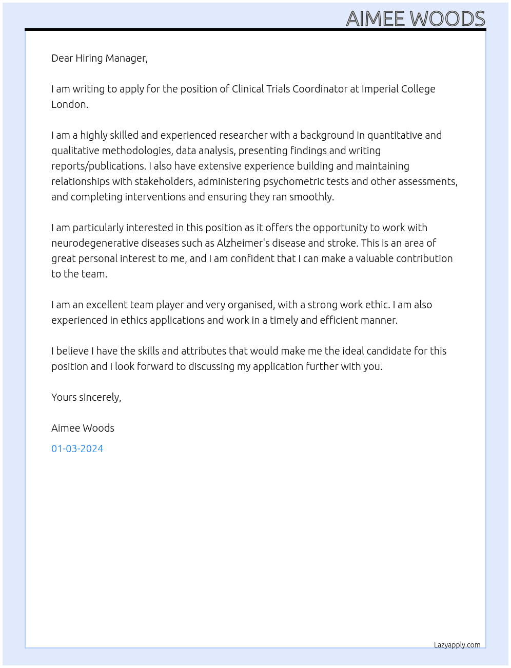 Clinical Trials Coordinator  At Imperial College London Cover Letter