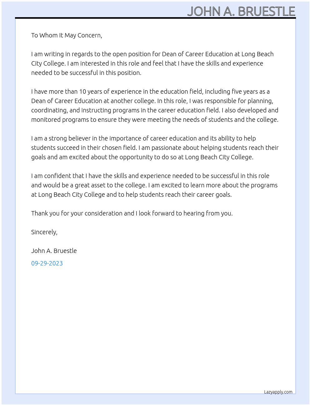 Dean of Career Education At Long Beach City College Cover Letter