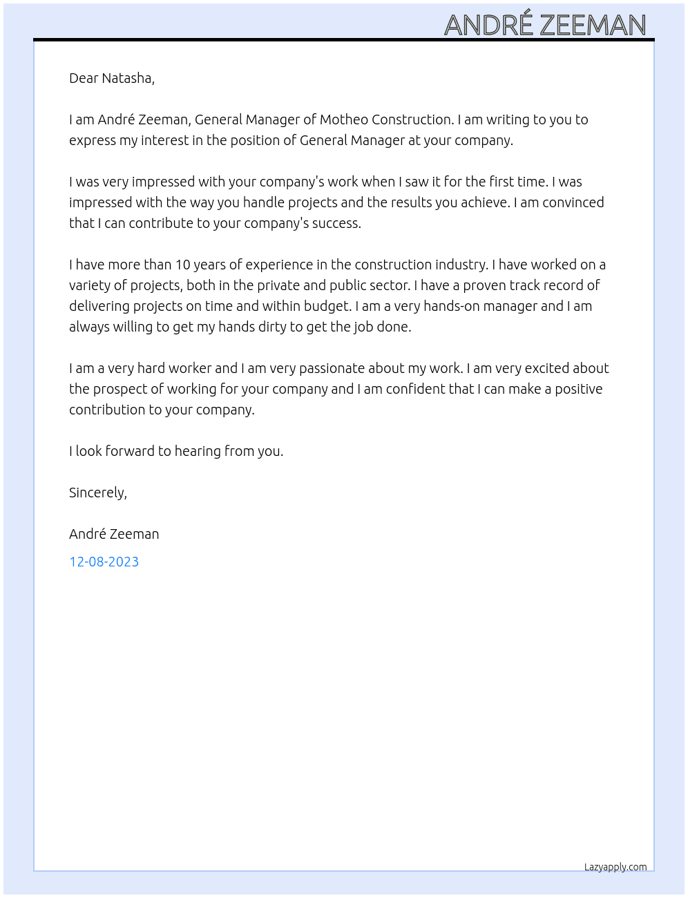 General Manager At Motheo Construction  Cover Letter