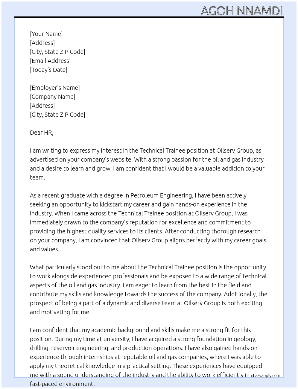 Technical Trainee At Oilserv Group Cover Letter