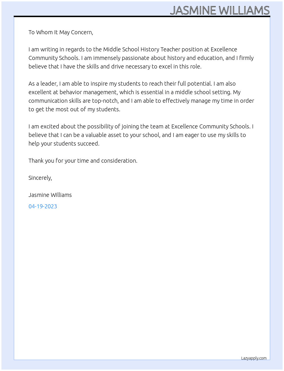 Middle School History Teacher At Excellence Community Schools Cover Letter