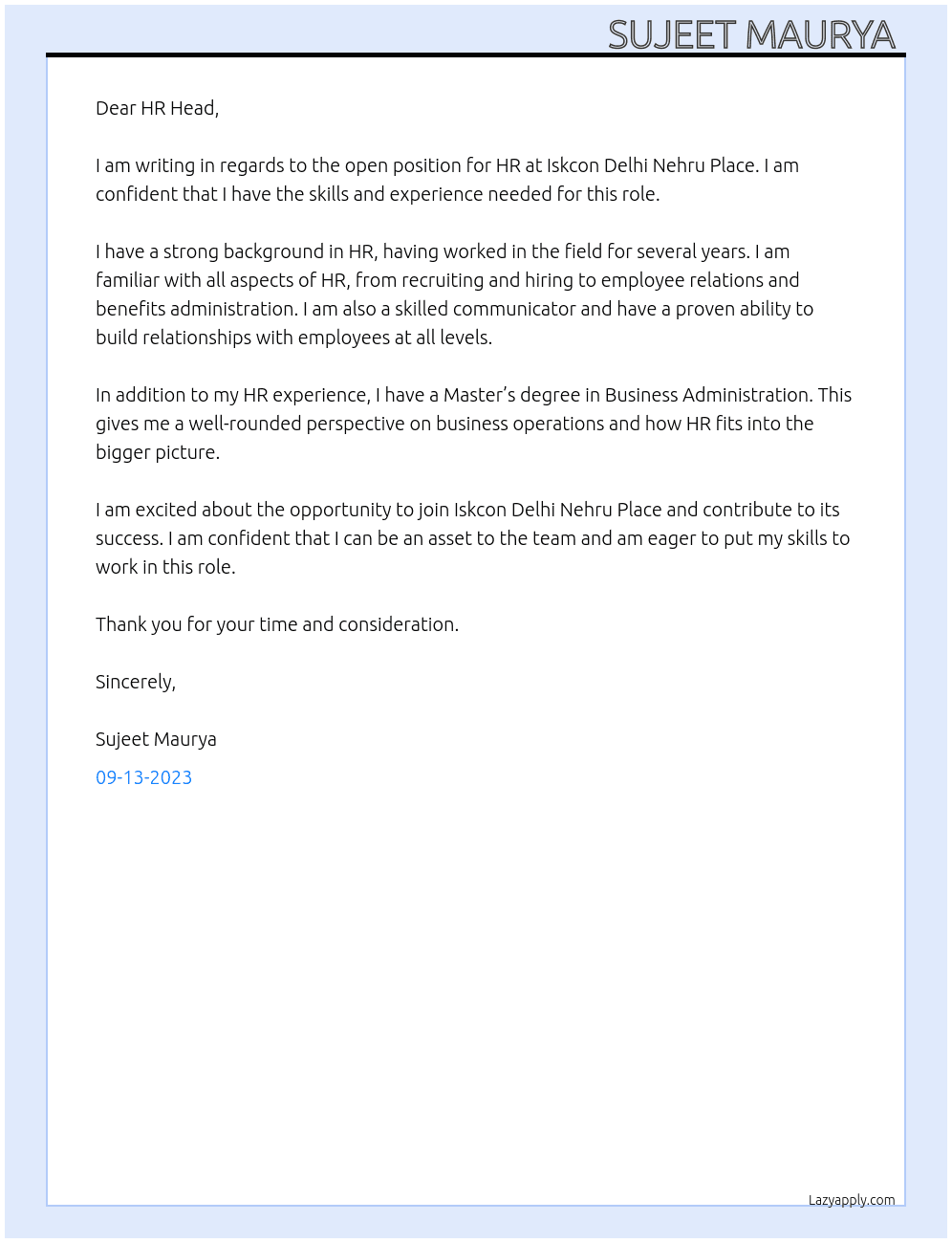 HR  At Iskcon Delhi Nehru Place Cover Letter