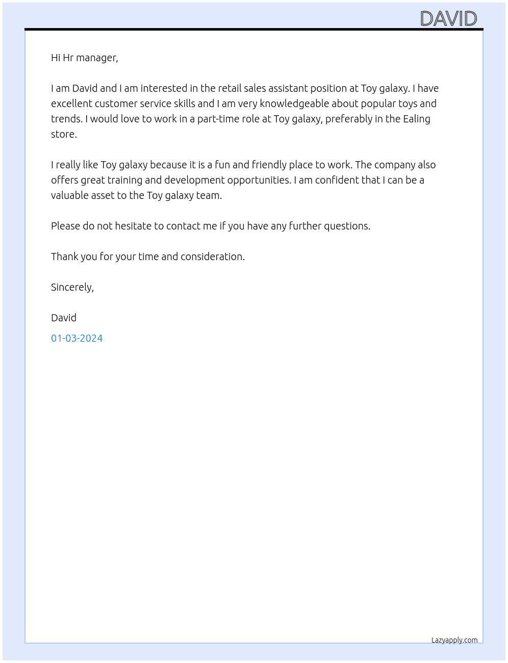 Retail sales assistant At Toy galaxy Cover Letter