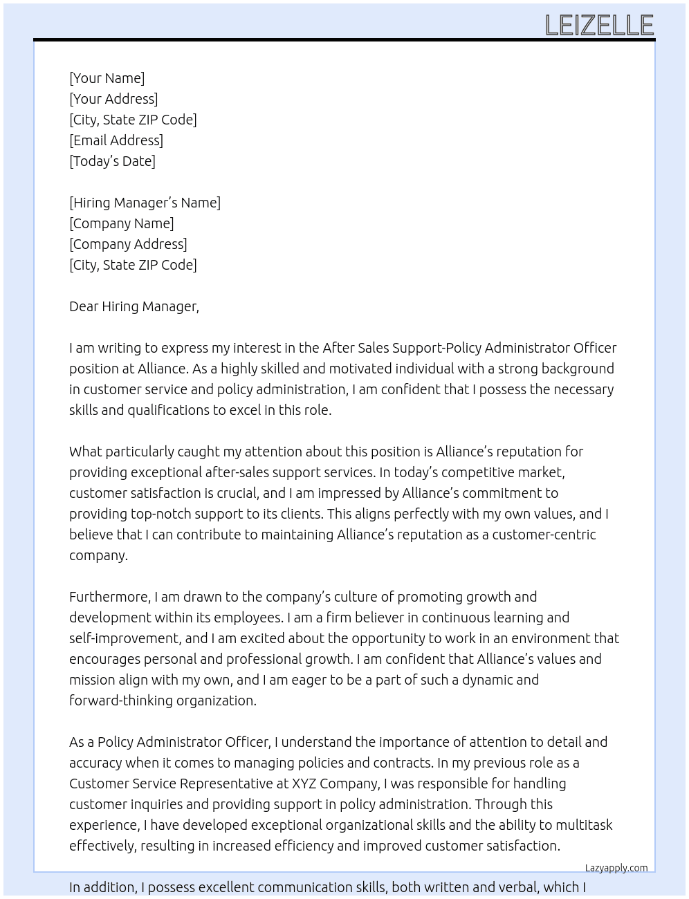After Sales Support-Policy Administrator Officer At Alliance Cover Letter