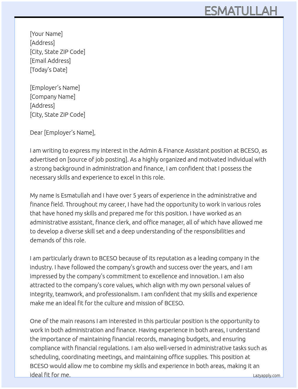 Admin & Finance Assistant  At BCESO Cover Letter