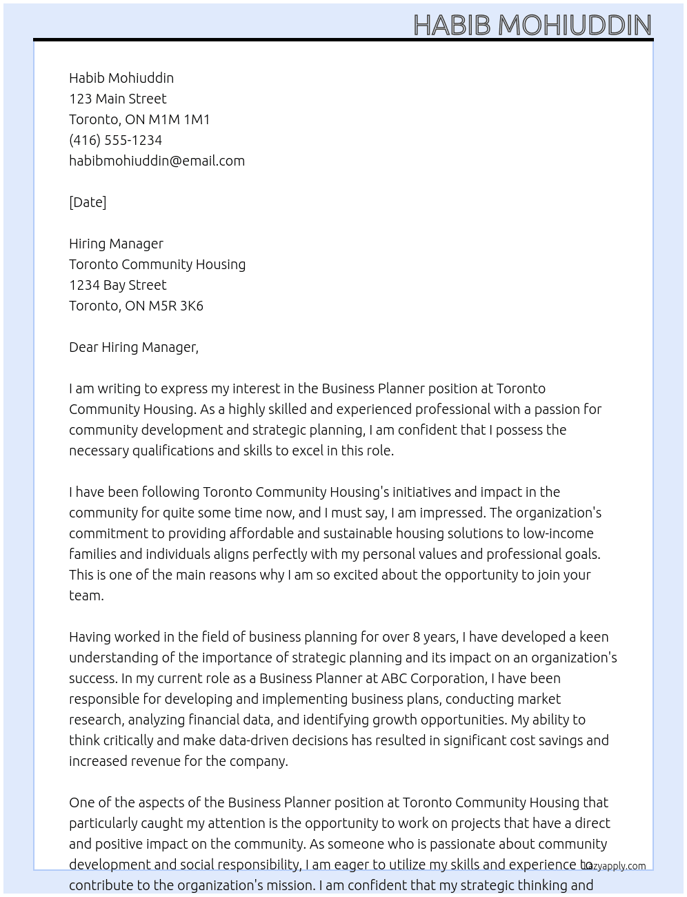 Business Planner At Toronto Community Housing Cover Letter