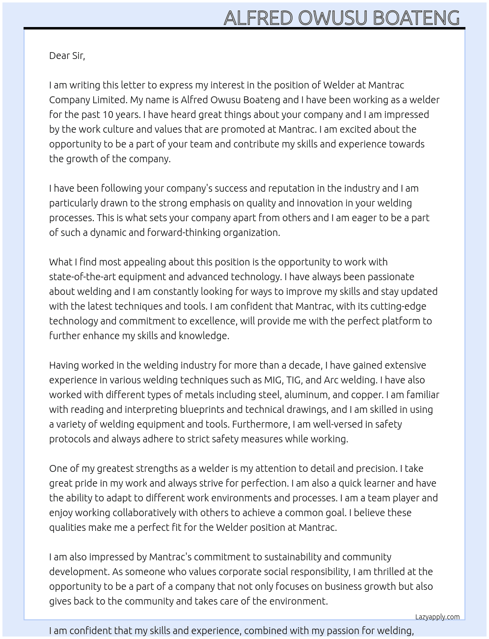Welder At Mantrac Company Limited  Cover Letter