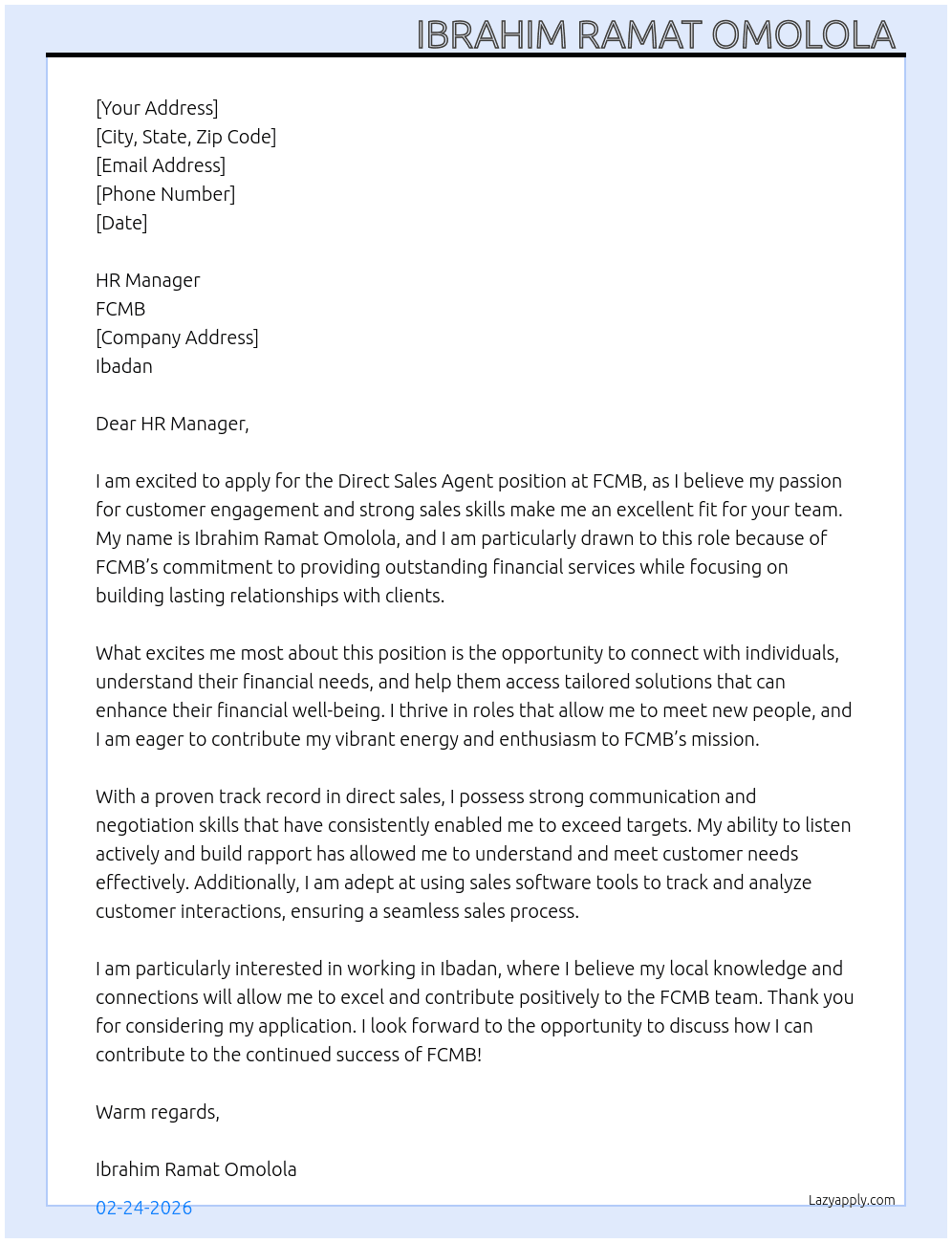 Direct sales agents  At FCMB Cover Letter