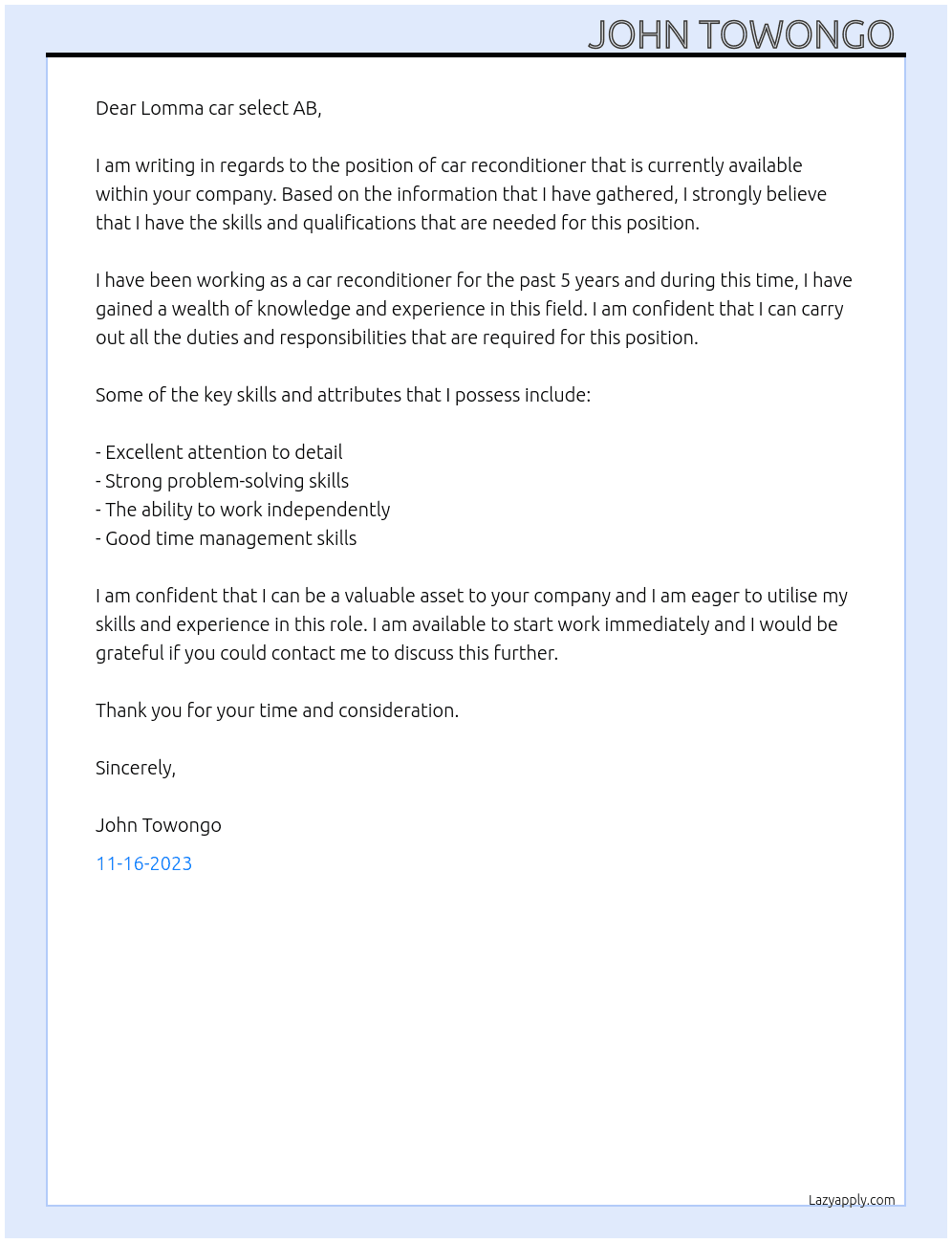 Cover letter for car reconditioner - LazyApply