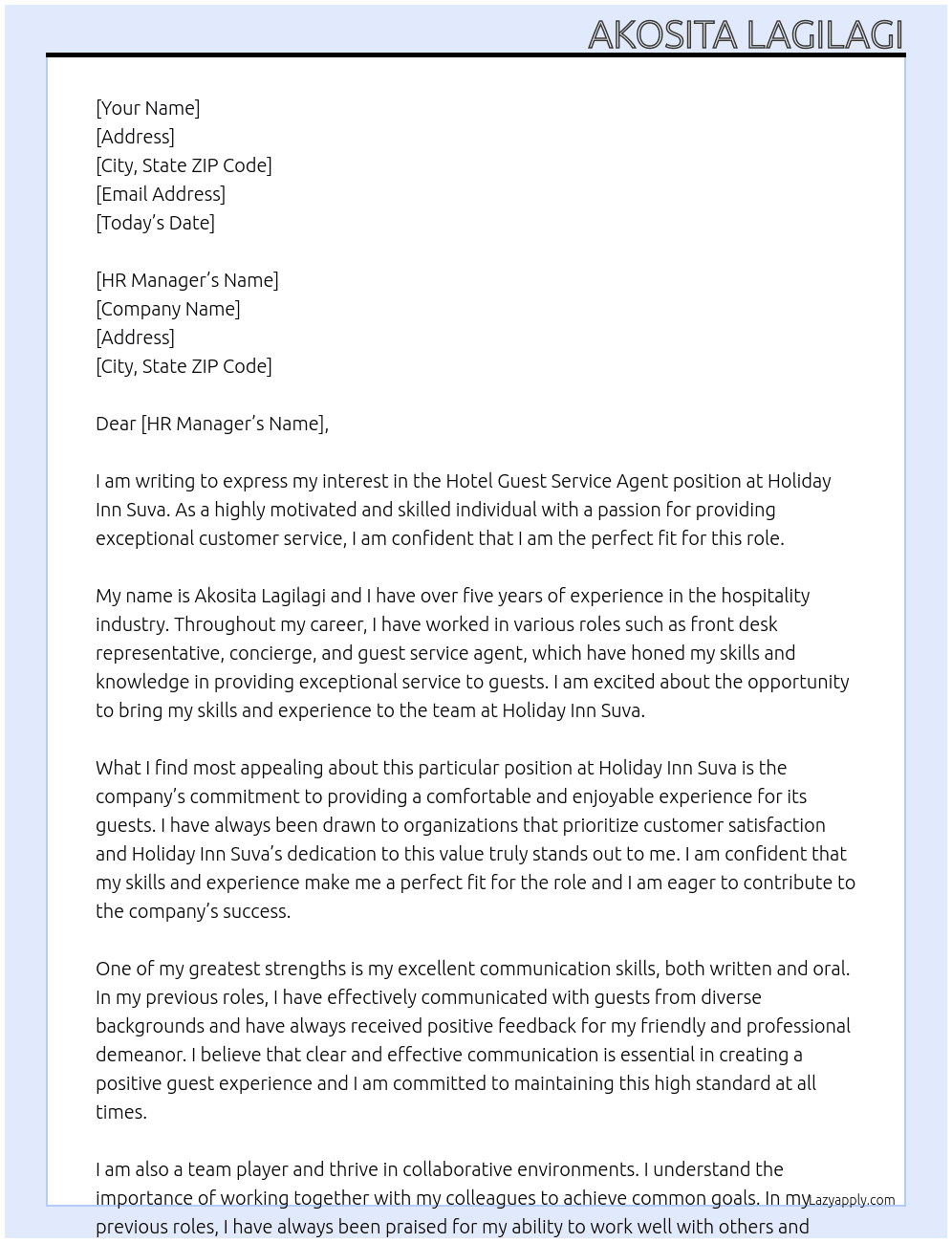 Hotel Guest Service Agent At Holiday Inn Suva  Cover Letter