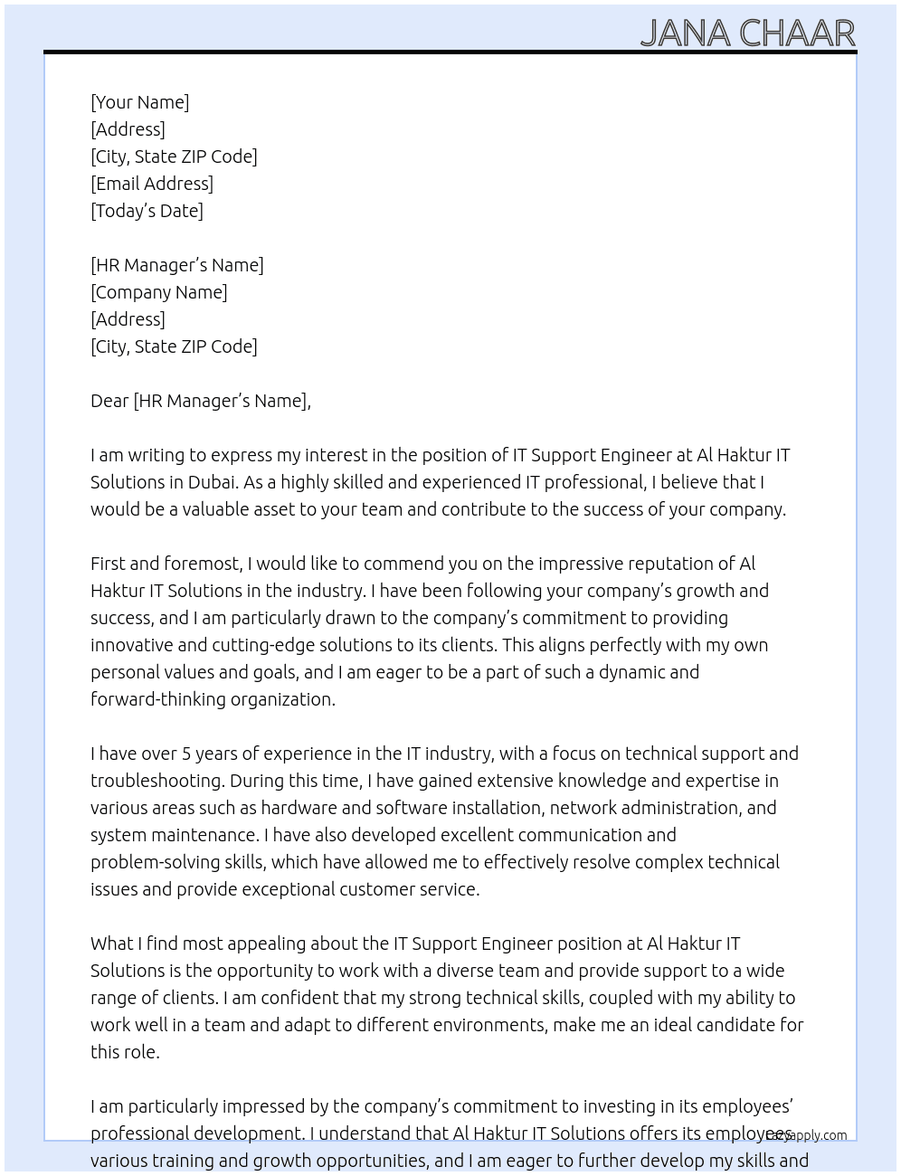 IT Support Engineer At Al haktur IT Solutions Cover Letter