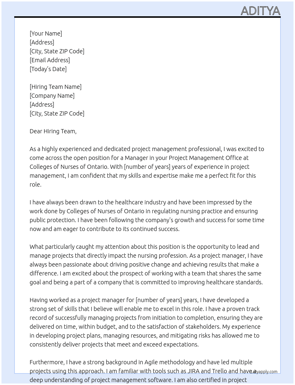 Manager, Project Management Office At Colleges of nurses of Ontario Cover Letter