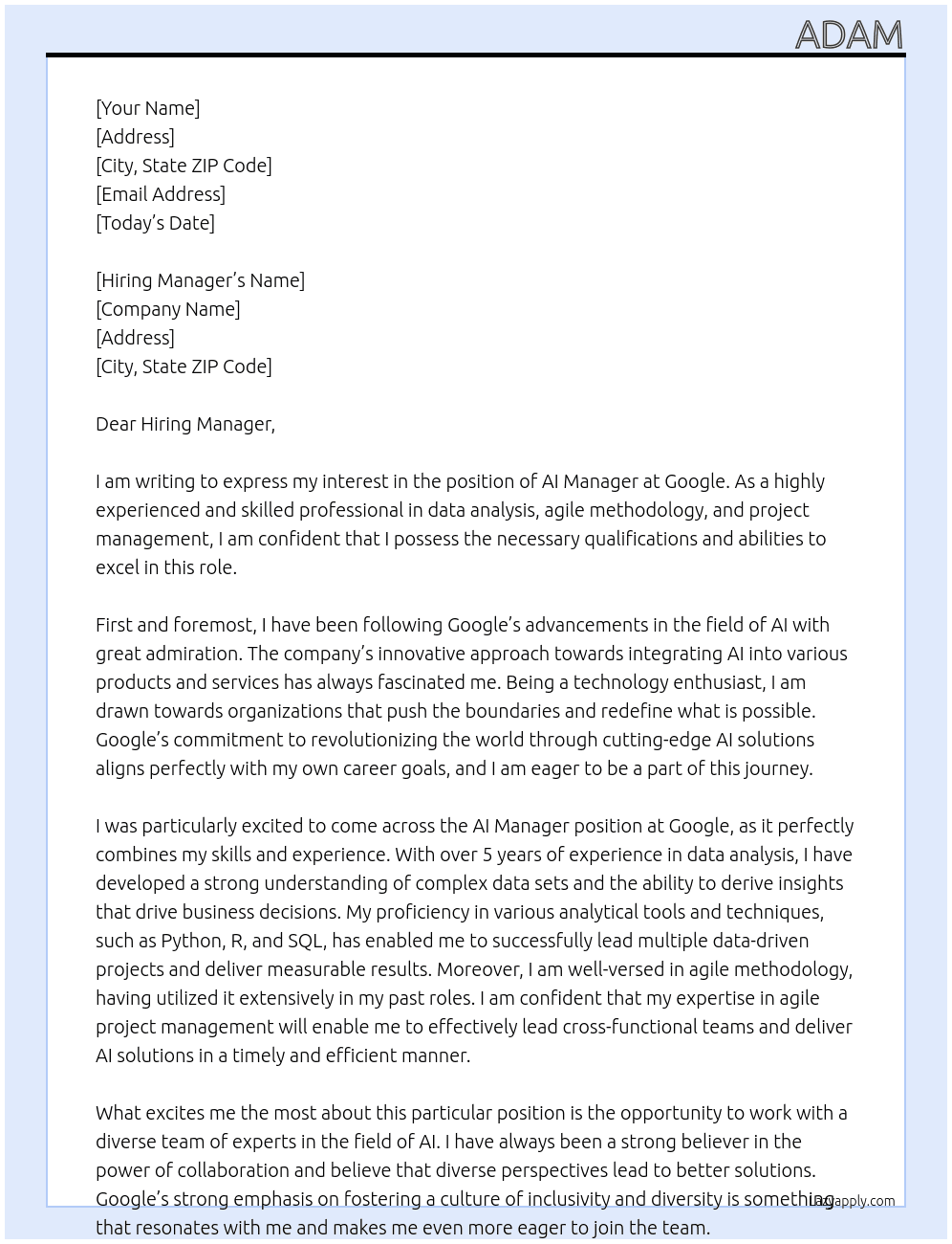 Cover letter for ai manager - LazyApply