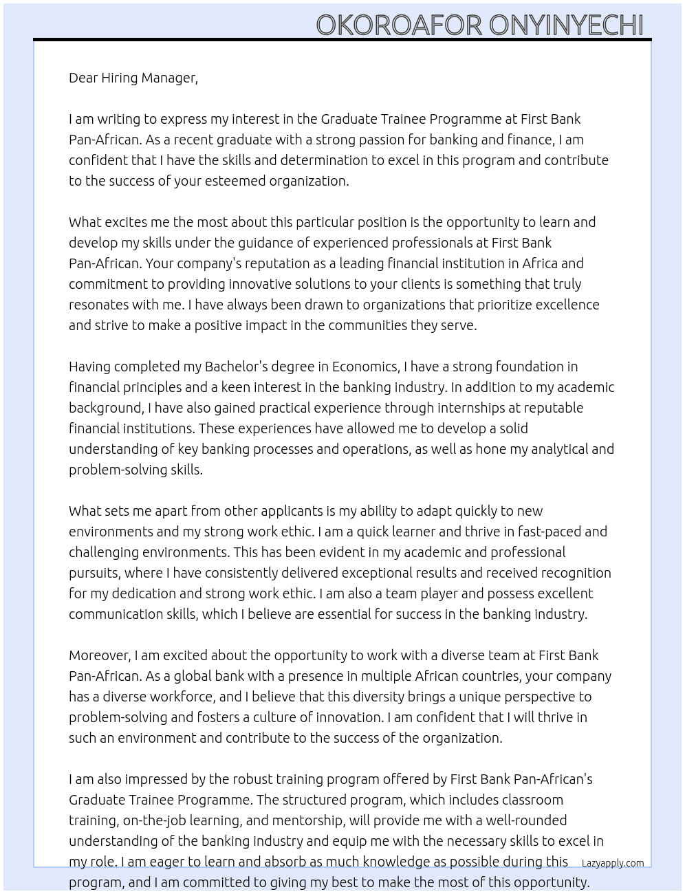 Graduate Trainee Programme At First Bank Pan-African Cover Letter