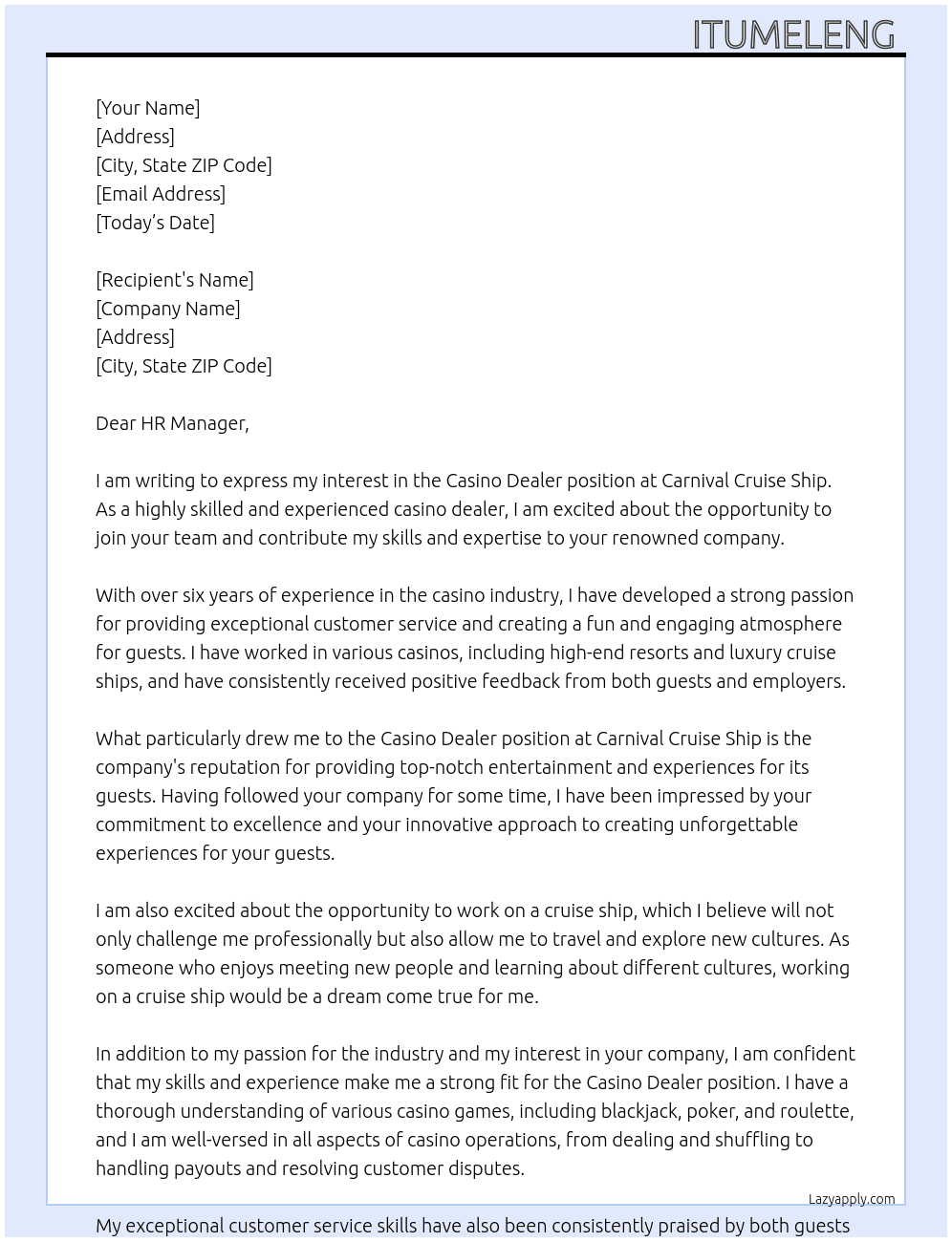 Casino Dealer At Carnival Cruise Ship Cover Letter