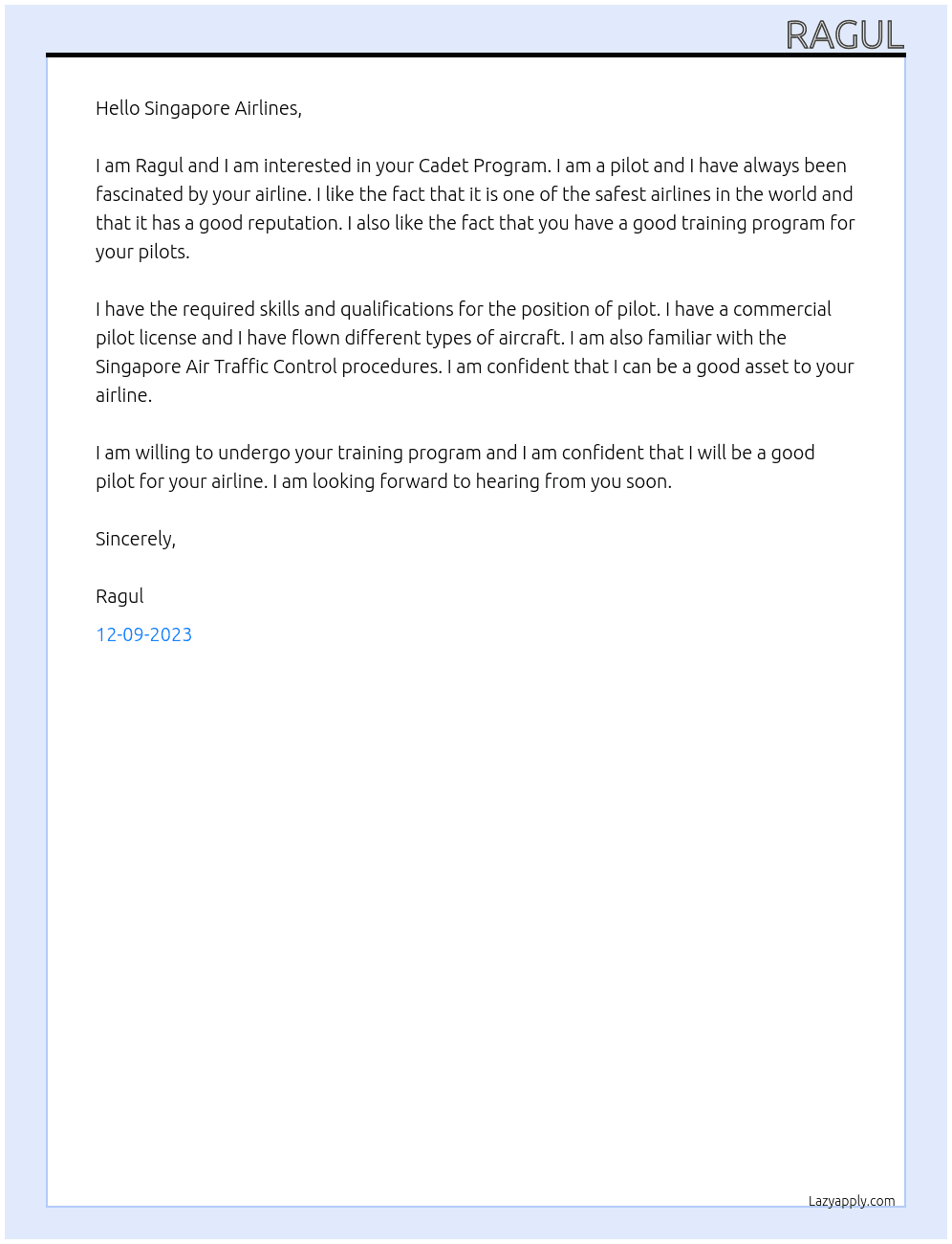 Pilot At Singapore Airline's Cadet Program Cover Letter