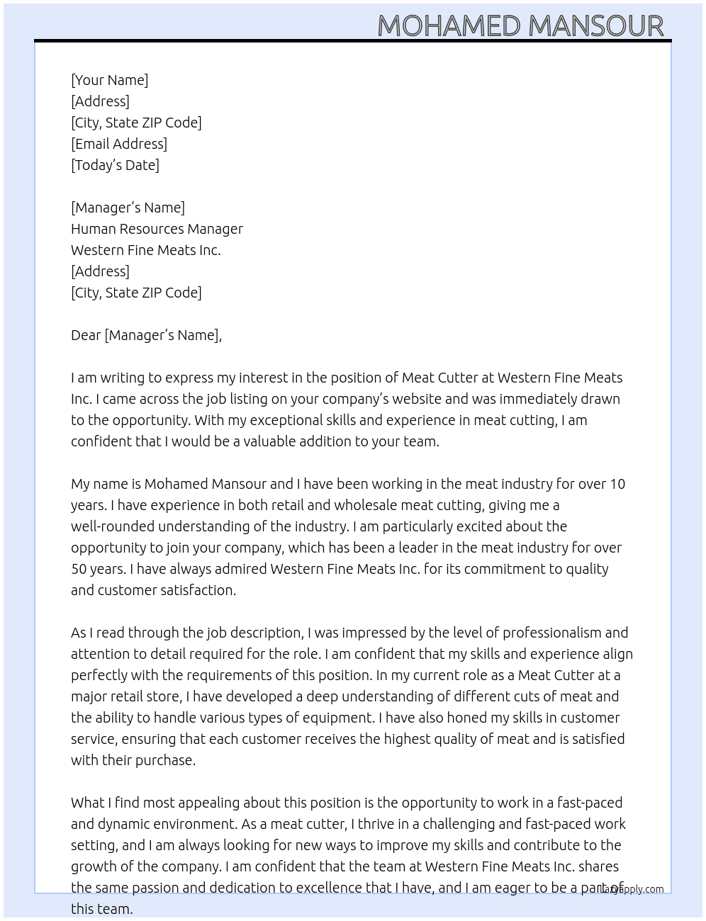 meat cutter - retail or wholesale At Western Fine Meats Inc. Cover Letter