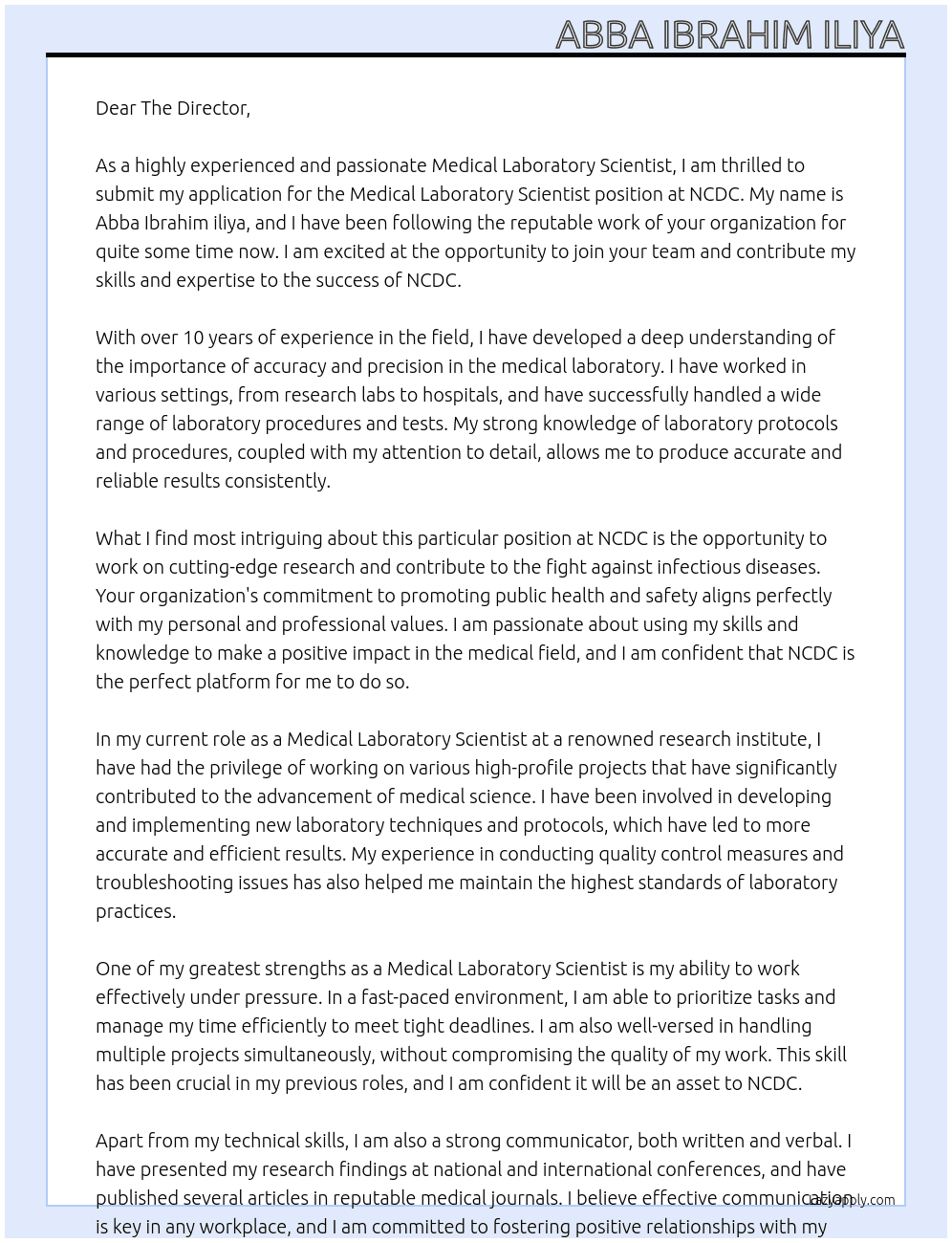 Medical laboratory scientist At NCDC Cover Letter