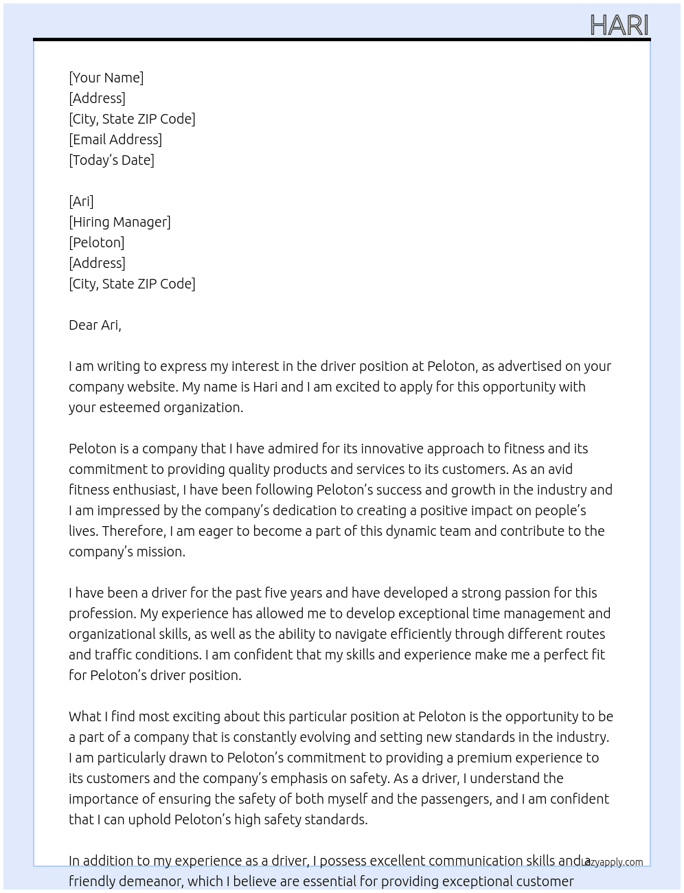 driver At peloton Cover Letter