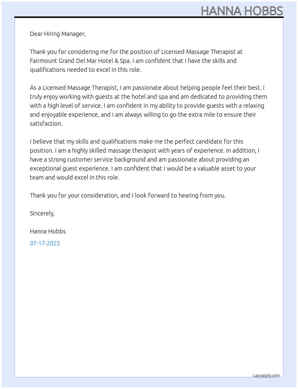Licensed Massage Therapist At Fairmount Grand Del Mar Hotel & Spa Cover Letter