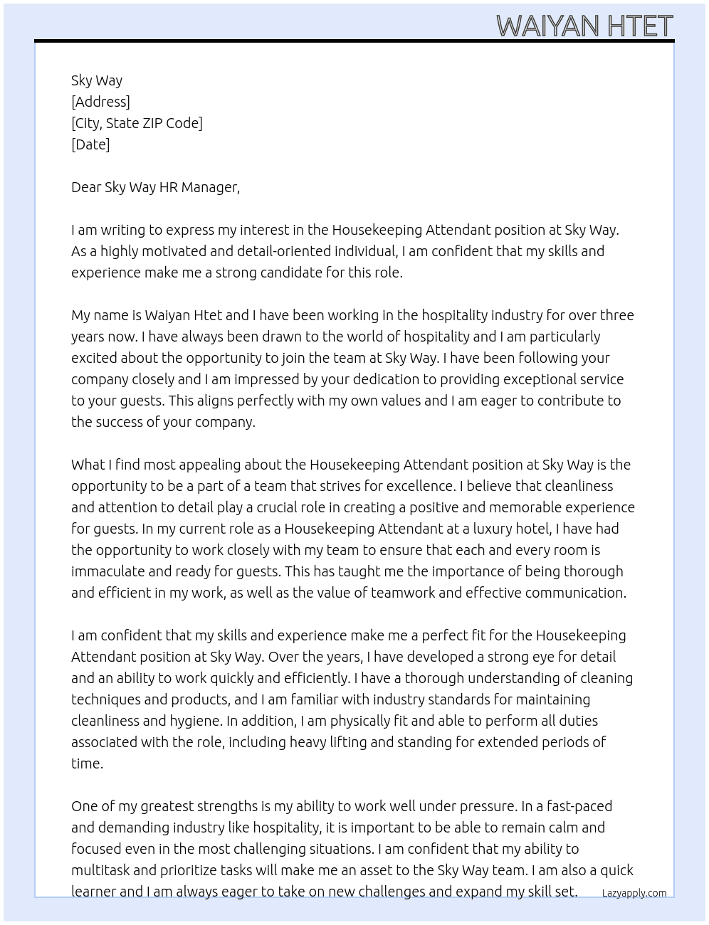 Housekeeping Attendant At Sky Way  Cover Letter