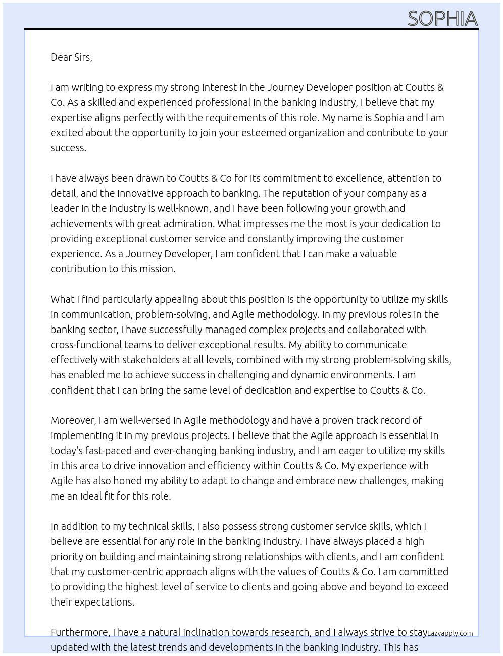 Journey developer At Coutts & co Cover Letter