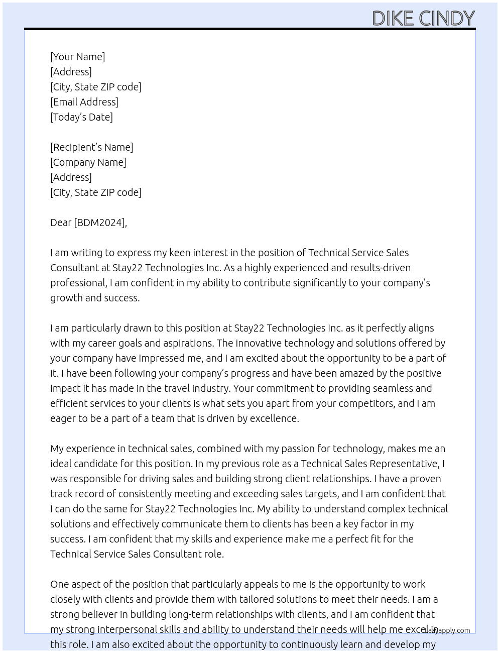 Technical service sales consultant At Stay22 Technologies Inc. Cover Letter