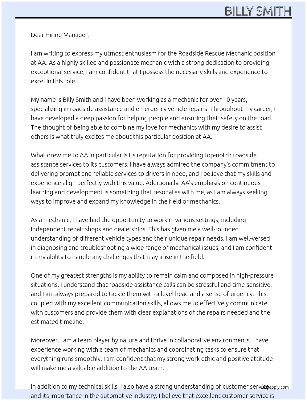 Cover letter for roadside rescue mechanic - LazyApply