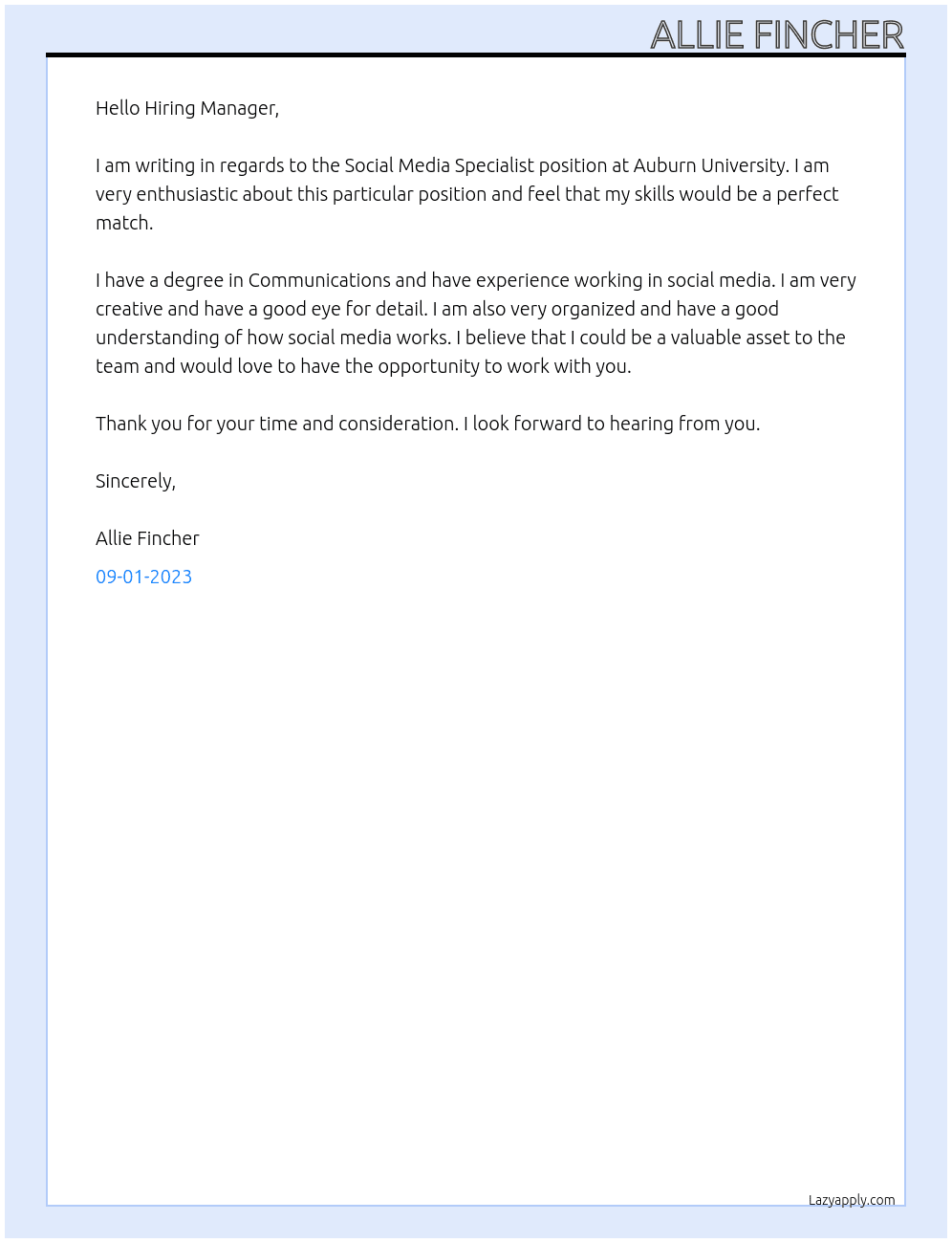 Social Media Specialist At Auburn University  Cover Letter
