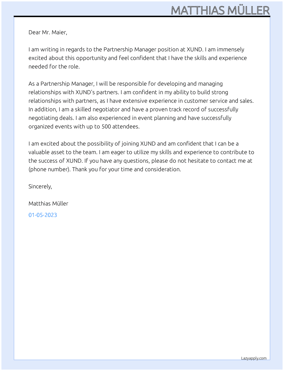 Partnership Manager At XUND Cover Letter