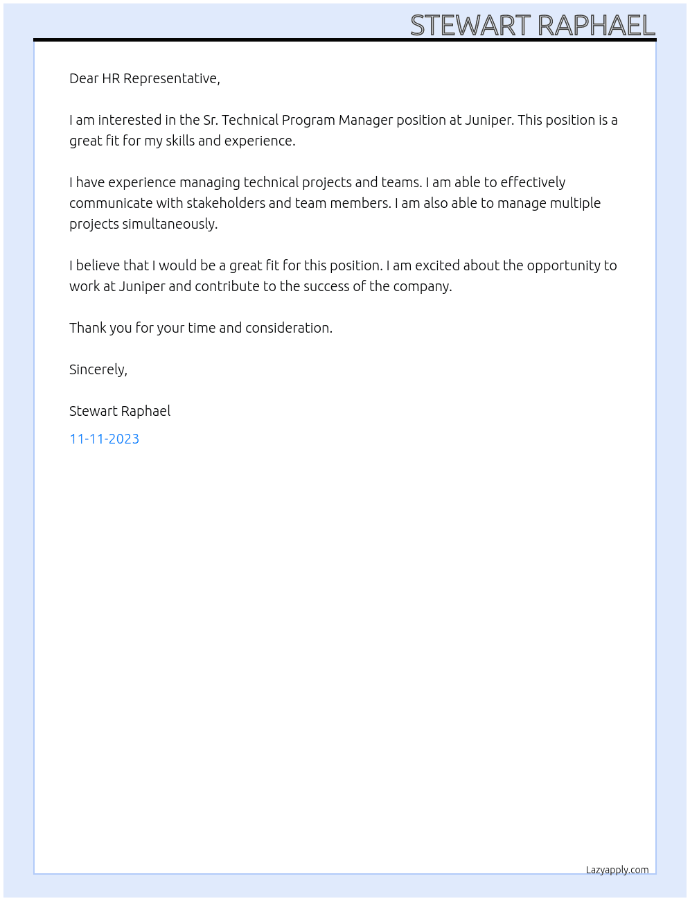 Sr. Technical Program Manager At Juniper Cover Letter