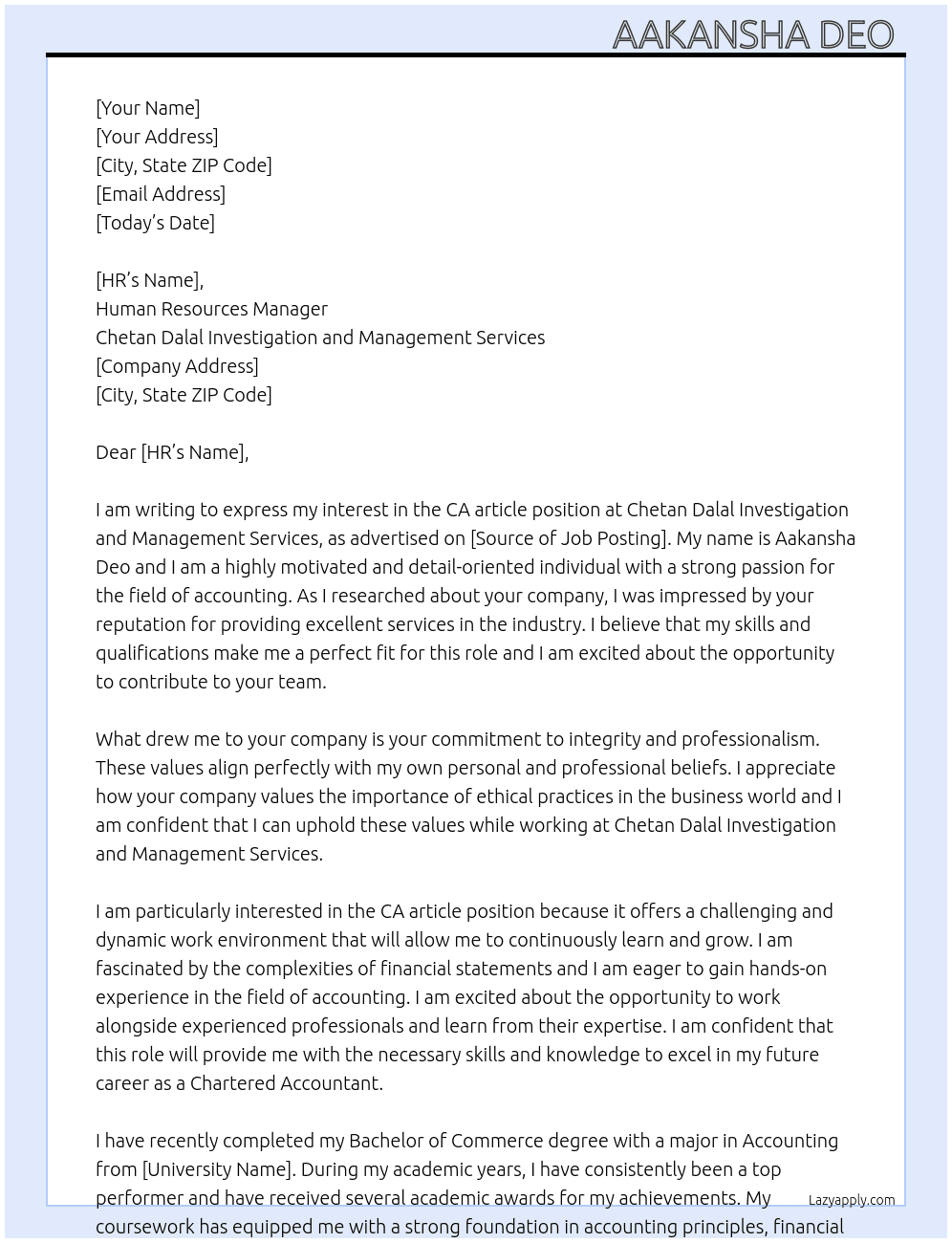 CA article At Chetan Dalal Investigation and Management Services  Cover Letter