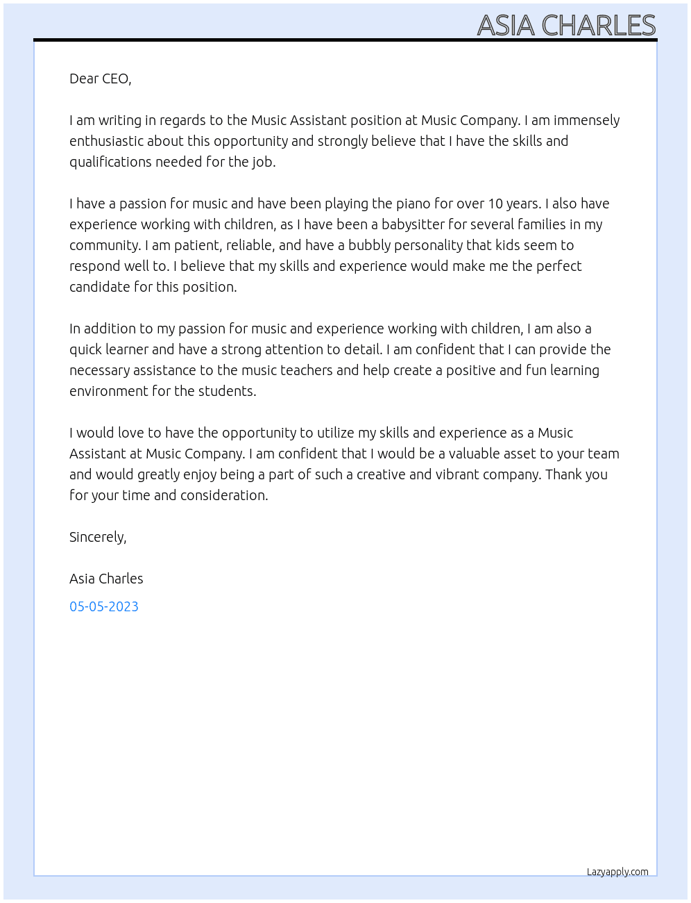 Music Assistant At Music Company Cover Letter
