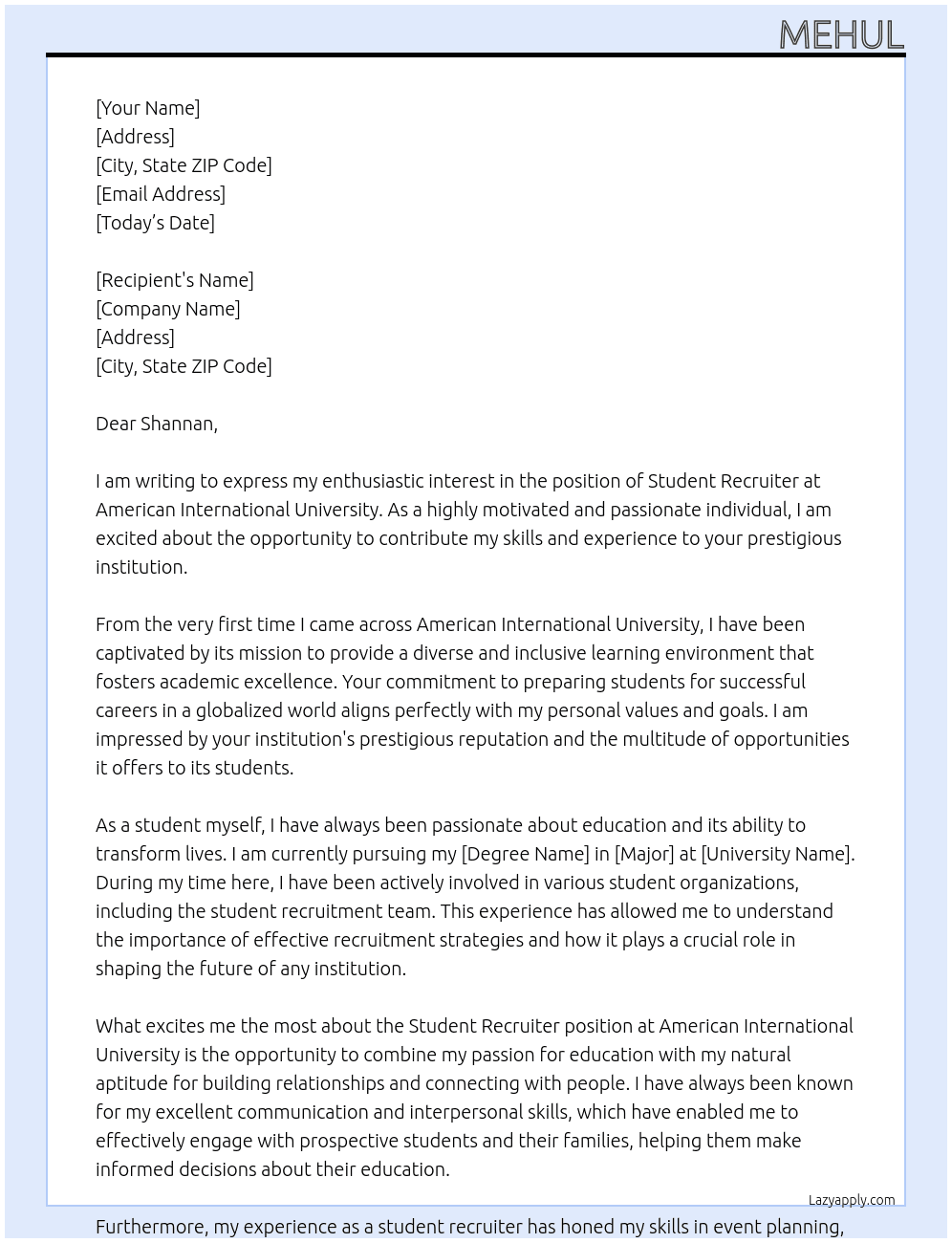 Student recruiter  At American international university  Cover Letter