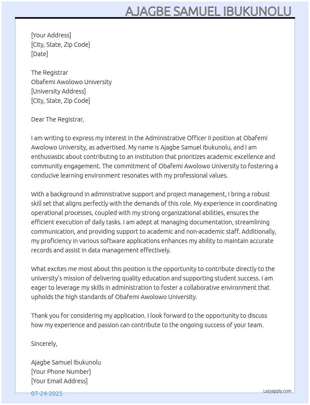 Administrative Officer II At Obafemi Awolowo University  Cover Letter