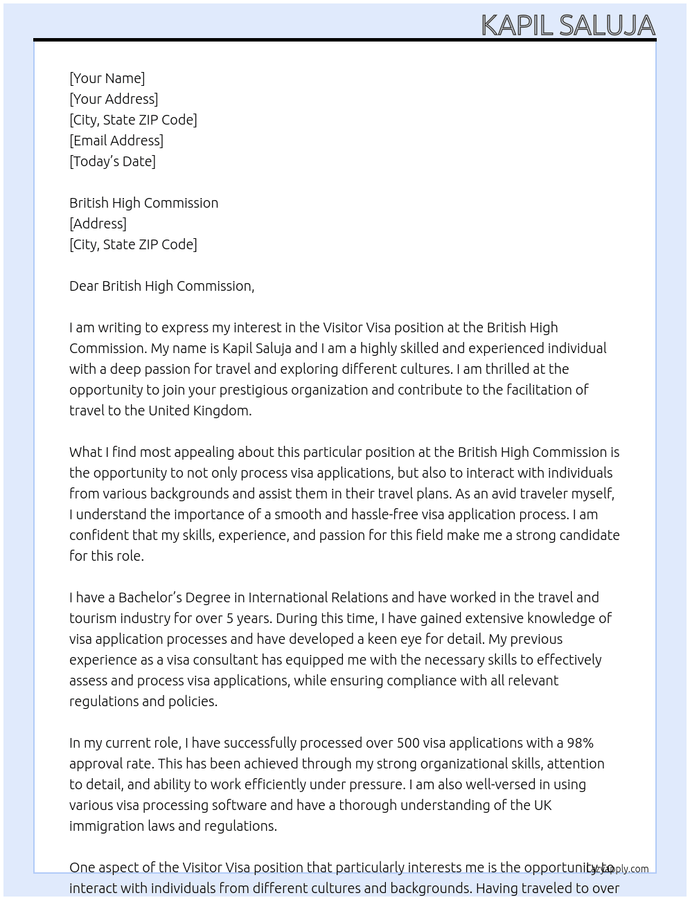 visitor visa At UK Cover Letter