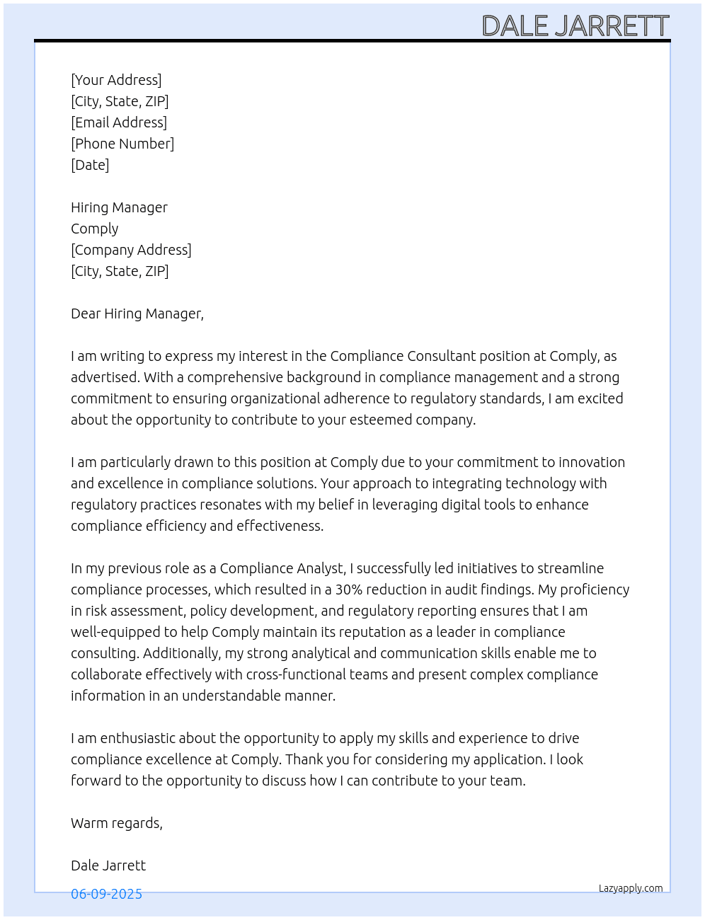 Compliance Consultant At Comply Cover Letter