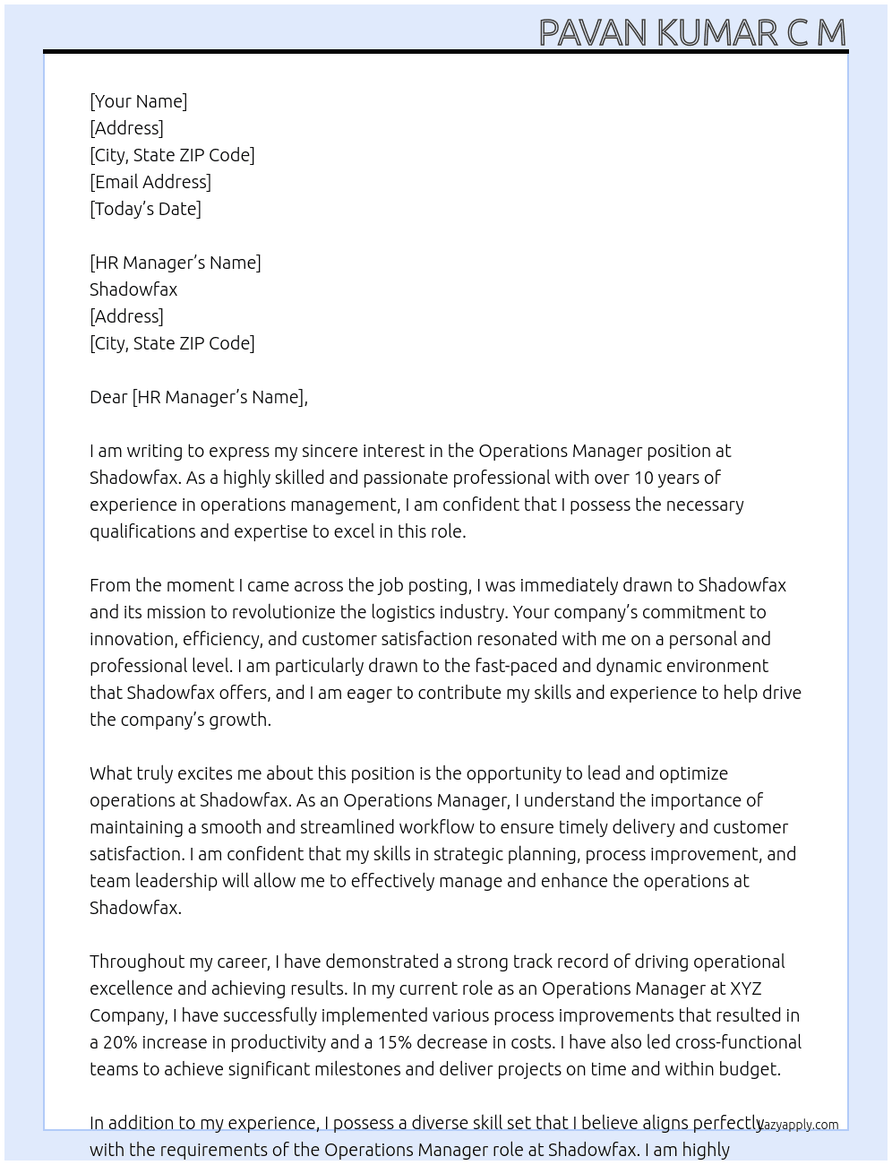 Operations Manager At Shadowfax Cover Letter