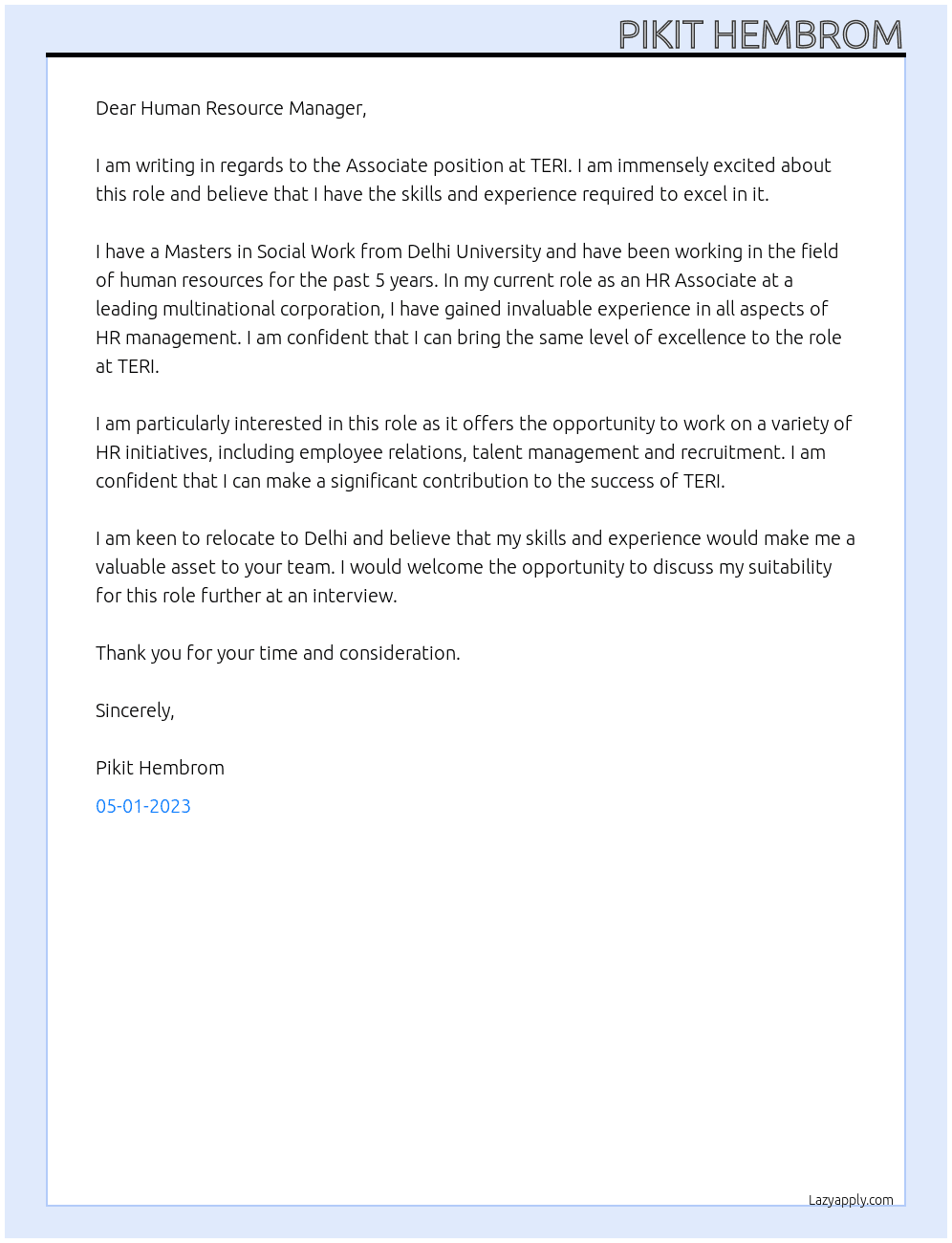 Associate  At TERI Cover Letter