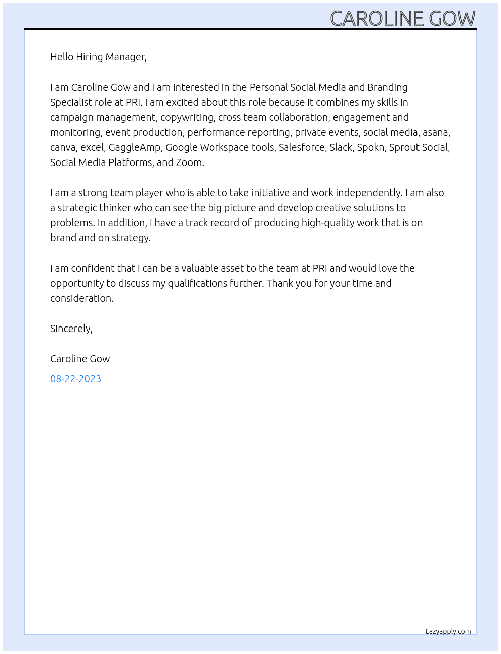 Personal Social Media and Branding Specialist At PRI Cover Letter