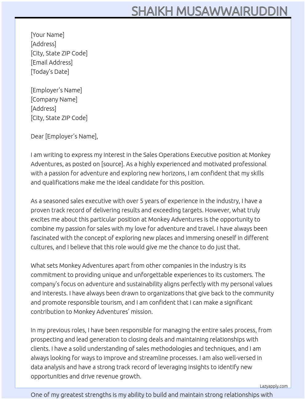 Sales operations executive  At Monkey adventures Cover Letter