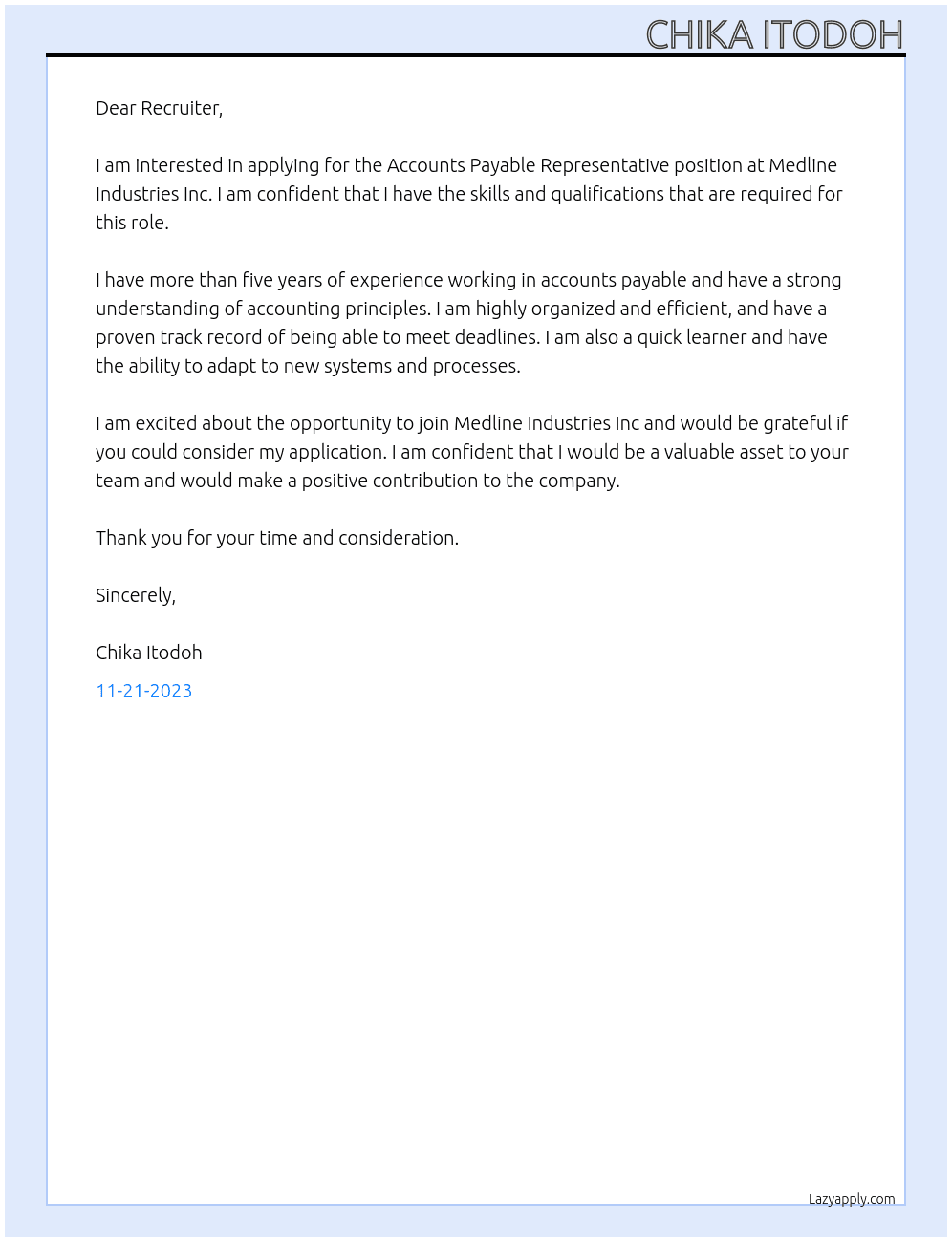 Accounts payable representative At Medline Industries Inc Cover Letter