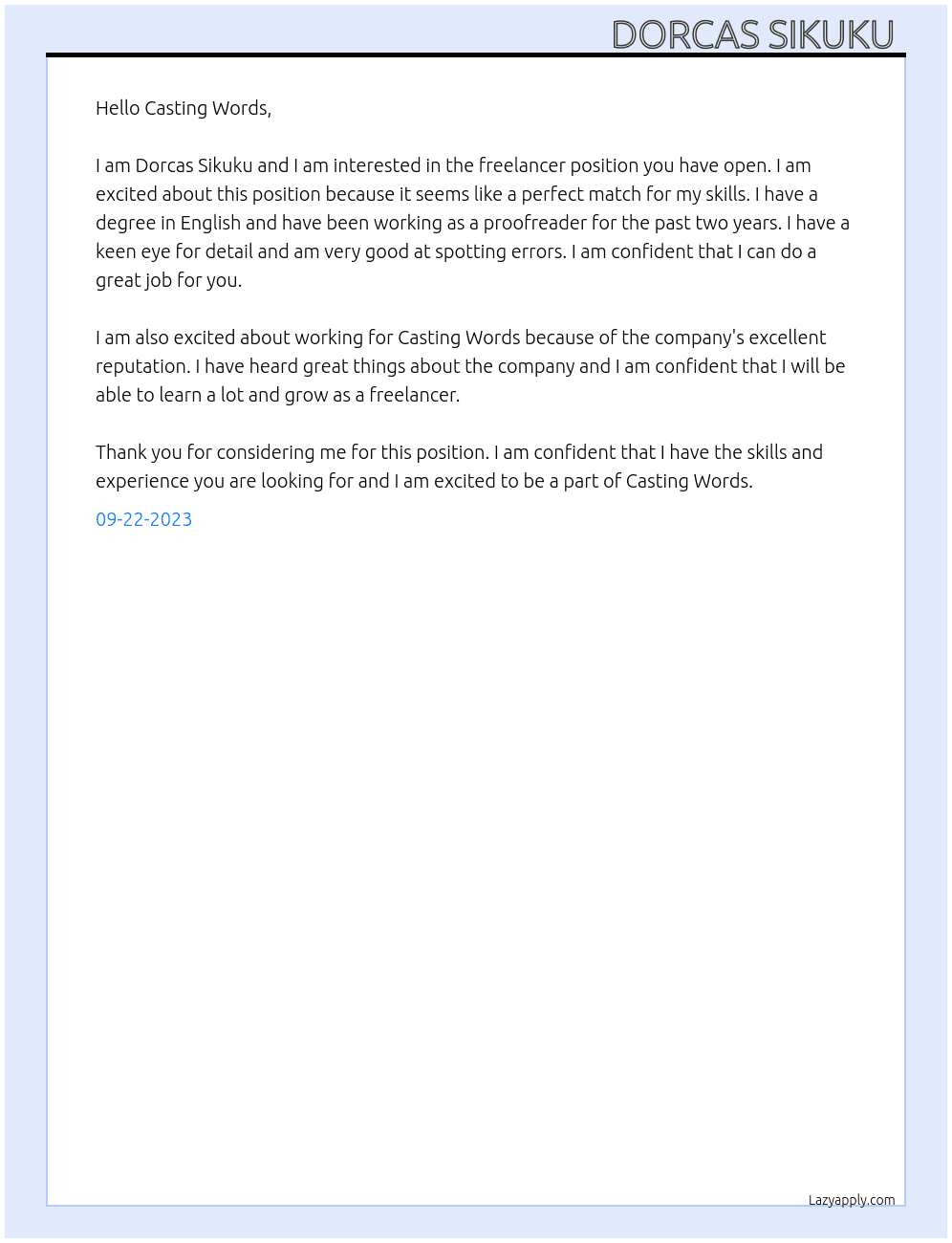 freelancer  At Casting Words  Cover Letter